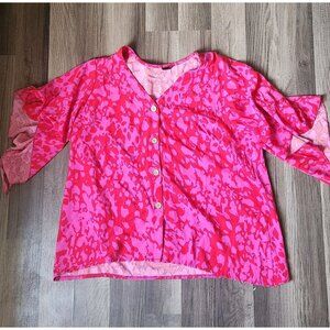 Rose Pink Abstract Print Shein Curve 0XL Button Down V Neck Blouse